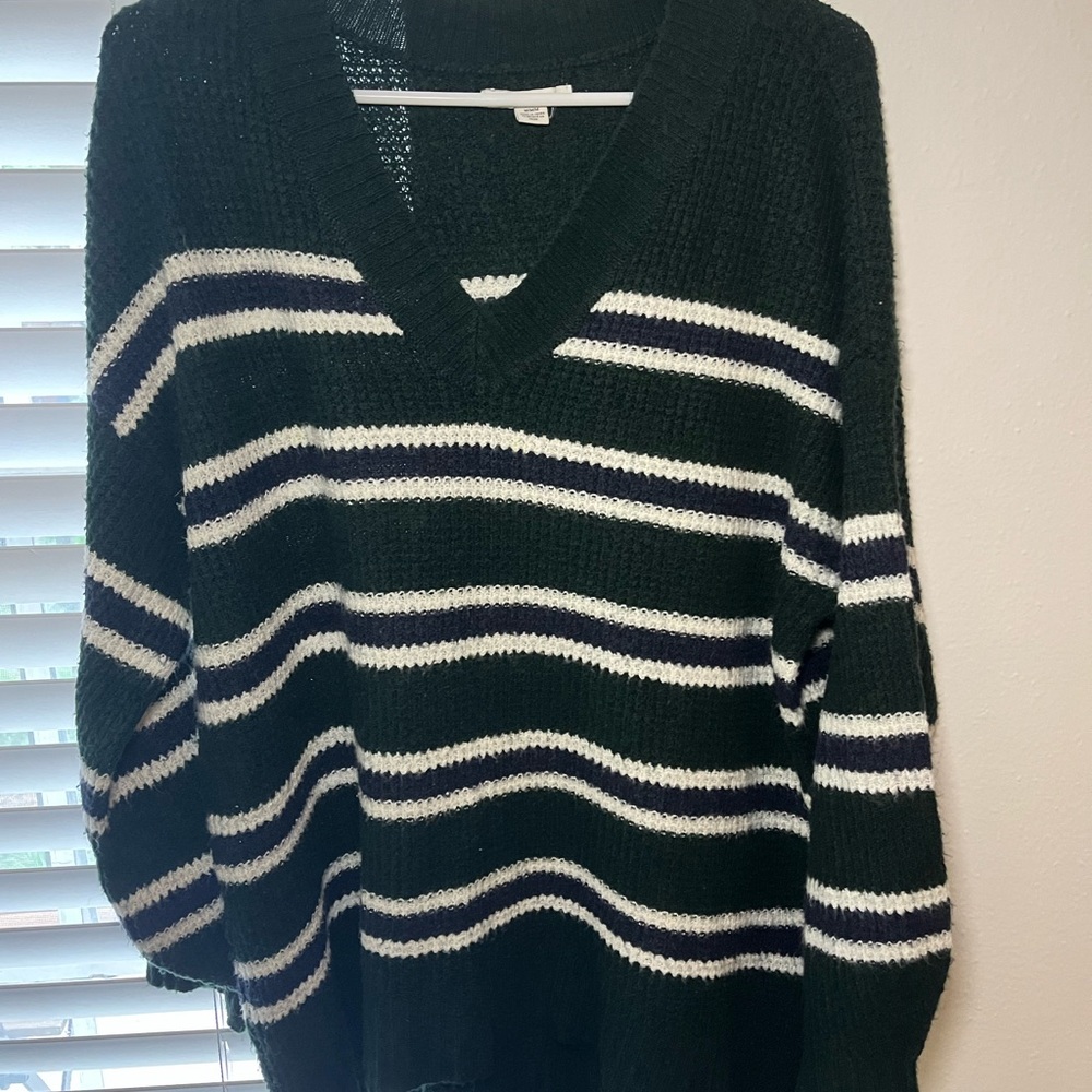 American Eagle Outfitters Green and White V-Neck Sweater